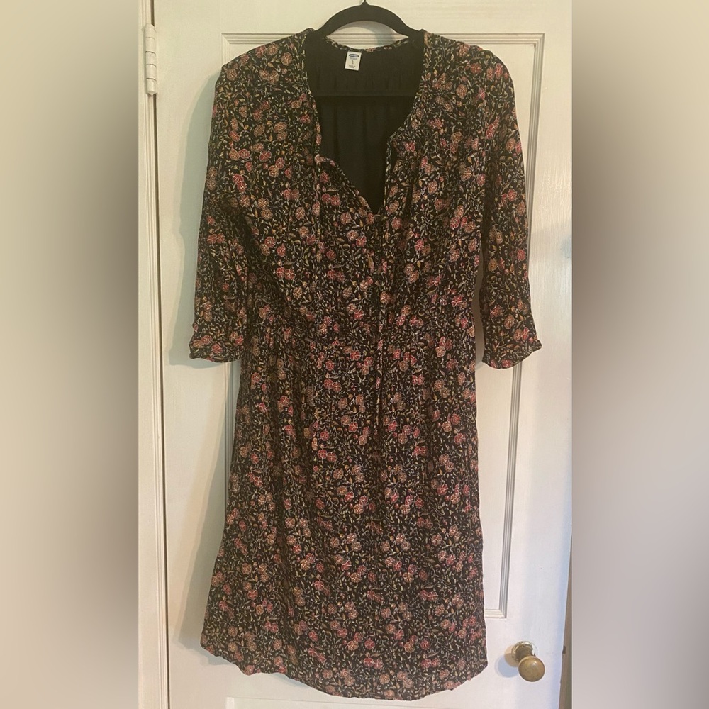Old Navy Dress Womens Large Black Floral Stretch Waist Bell Sleeve cottagecore - Picture 10 of 10